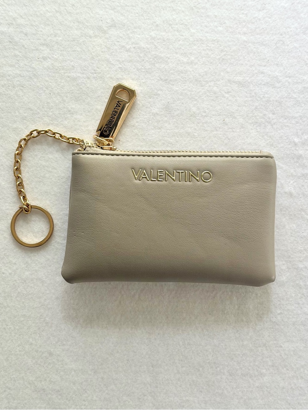 Valentino Beige Zip Coin Pouch Keychain Wallet Gold Hardware Minimalist